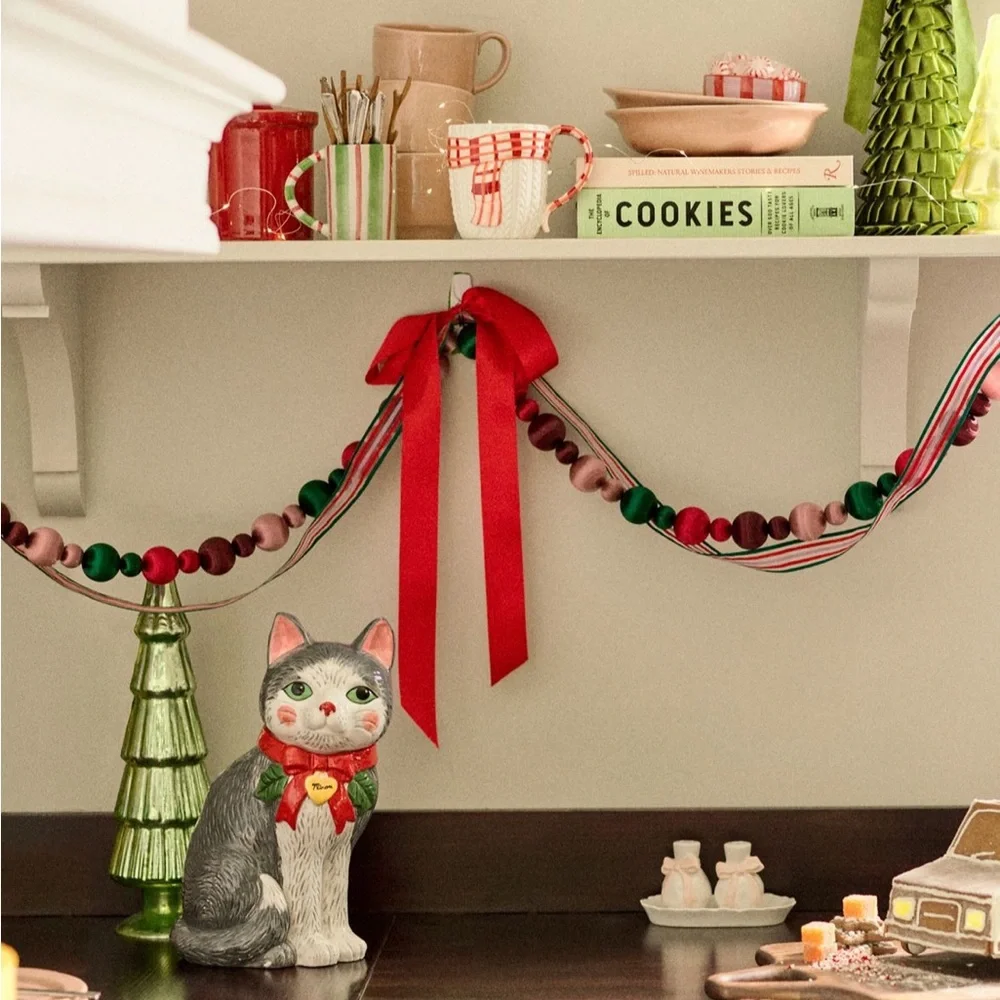 Anthropologie Peluche Festive Cat Cookie Jar with‎ Red Bow